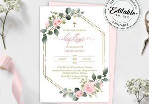 Library Card Wedding Invitation Template Blush Pink Floral Baptism Invitation Template Printable