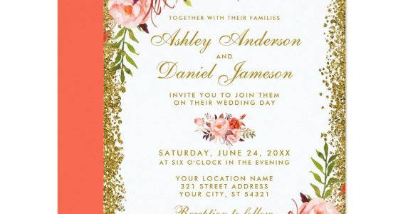 Marriage Wishes Card with Name Modern Coral Floral Wedding Gold Glitter Invitation Zazzle