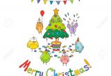 Merry Christmas and Happy Birthday Card Merry Christmas Greeting Card with Color Cartoon Funny Birds