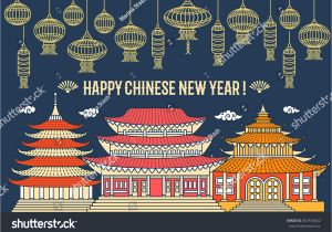 Modern Chinese New Year Card Chinese New Year Flat Thin Line Stock Vector Royalty Free
