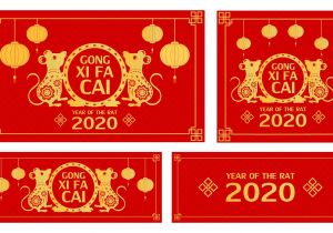 Modern Chinese New Year Card Chinese New Year Set with Gold Rat Chinese Zodiac Sign and