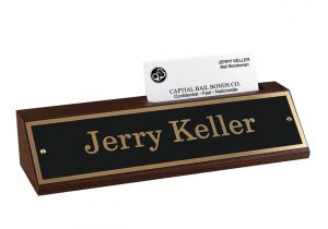 Modern Desk Business Card Holder Custom Engraved Black and Gold Metal Desk Sign with Walnut Desk Bar and Business Card Holder 1 3 4 X 8 1 2 Item 311496