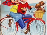 Name Card Happy Anniversary Biker Couple Cute Boy Girl Bicycle Ride Date Vintage Graphic Art