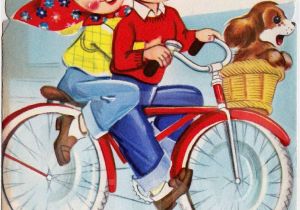 Name Card Happy Anniversary Biker Couple Cute Boy Girl Bicycle Ride Date Vintage Graphic Art
