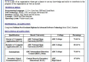 New Resume format for Freshers Resume format Resume format Download for Bca