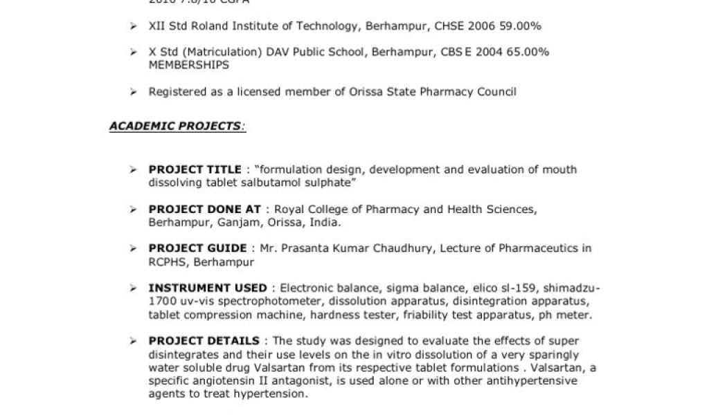 resume samples for b pharm freshers