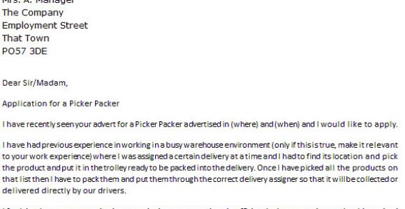 Pick Packer Cover Letter Picker Packer Cover Letter Example Icover org Uk
