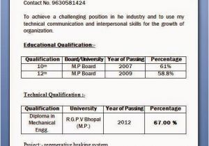 Polytechnic Fresher Resume format Mechanical Diploma Resume format for Freshers