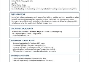 ResumÃƒÂ© Samples Sample Resume format for Fresh Graduates Two Page format
