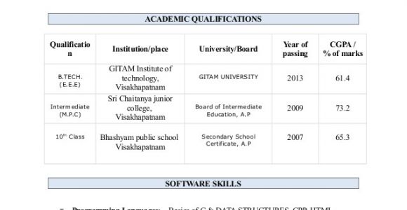 Resume for Btech Students B Tech Resume