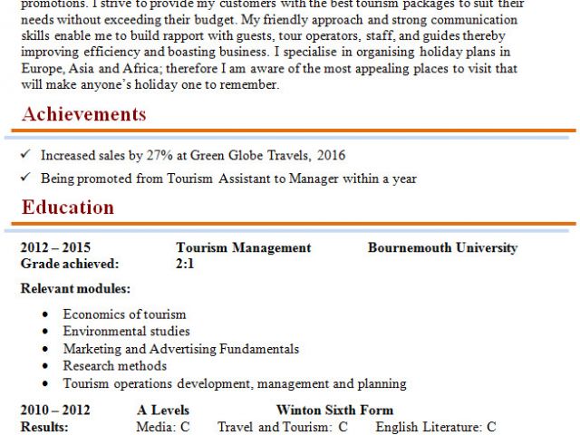 resume for tourism students