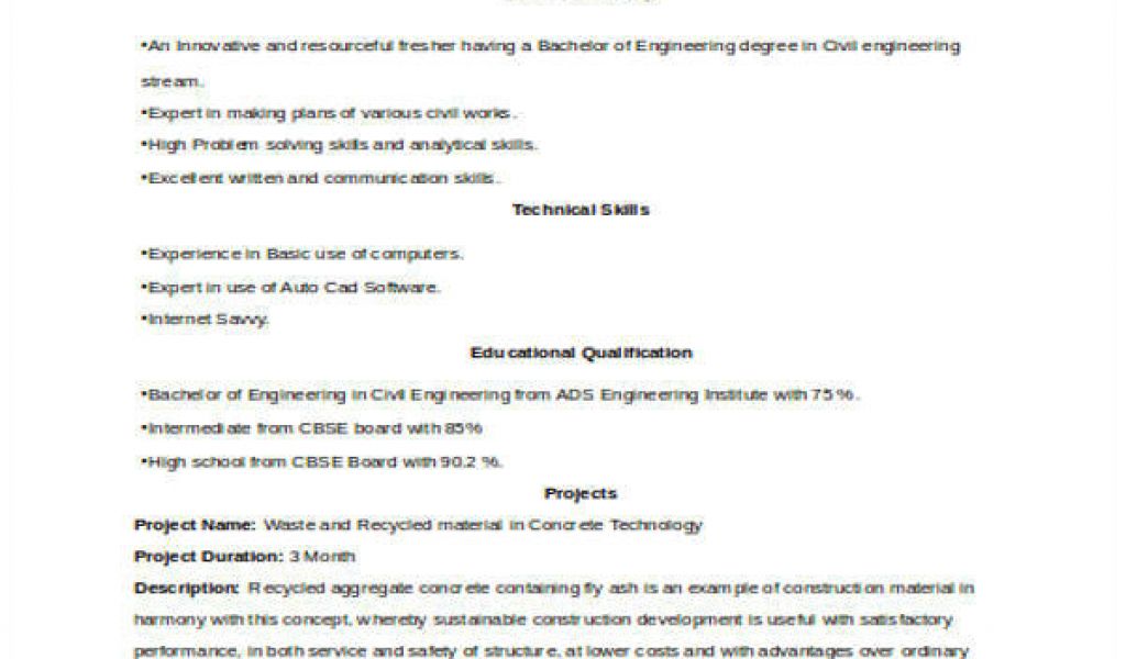 simple resume format for civil engineer fresher