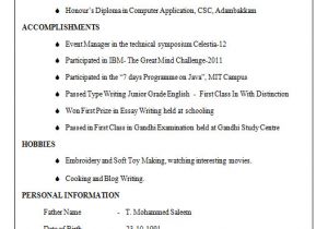 Resume format for Cse Freshers Be Cse Resume format for Freshers