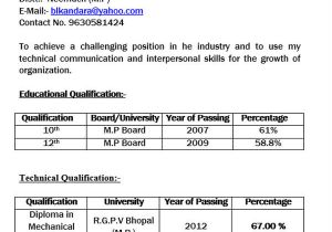 Resume format for Freshers Diploma Mechanical Engineers 40 Fresher Resume Examples