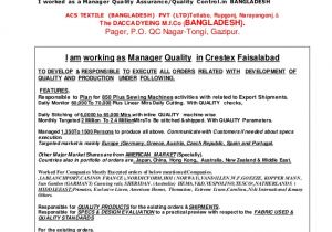 Resume format for Garments Job My Cv for the Job Of Qc Qa Manager In Home Textiles Garments