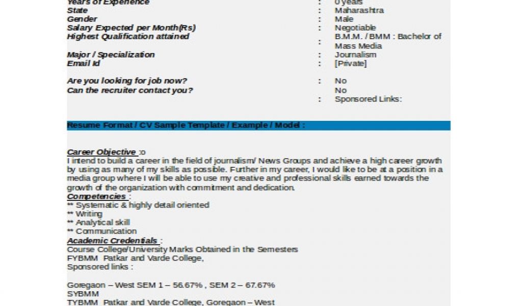 sample resume for fresher journalist