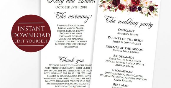 Ring Bearer Thank You Card Wording Wedding Program Template Marsala Wedding Template Marsala