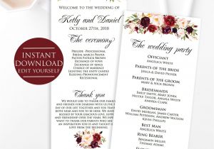 Ring Ceremony Invitation Blank Card Wedding Program Template Marsala Wedding Template Marsala