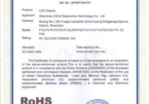 Rohs Compliance Certificate Template Certificate Of Rohs Compliance for Led Display Shenzhen
