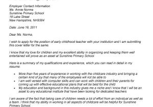 Sample Cover Letter for Early Childhood Educator Early Childhood Education Cover Letter Experience Resumes