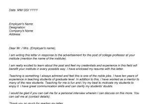 Sample Cover Letter for Teaching Position at University College Professor Cover Letter Sample Letter Of