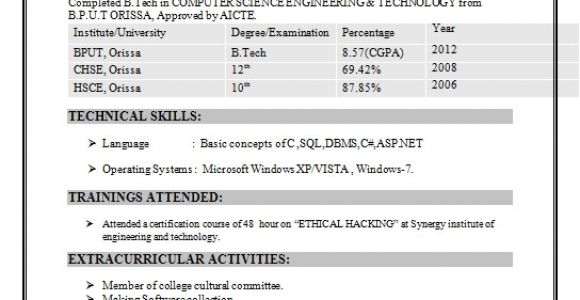 Sample Resume for Computer Science Engineering Students Resume format for Computer Science Engineering Students