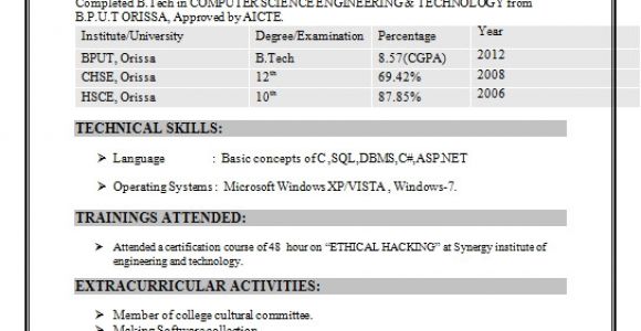 Sample Resume for Computer Science Student Fresher Resume format for Computer Science Engineering Students