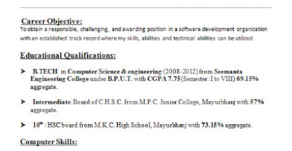 Sample Resume for Cse Students Resume format Resume format for Cse Students
