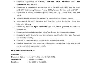 Sample Resume for Dot Net Developer Experience 2 Years Net Resume Sample Best Professional Resumes Letters