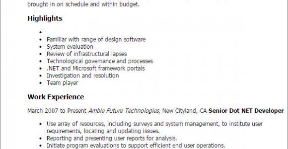 Sample Resume for Dot Net Developer Experience 2 Years Professional Senior Dot Net Developer Templates to