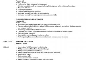 Sample Resume for forklift Operator Warehouse forklift Operator Resume Samples Velvet Jobs
