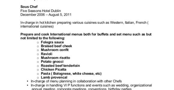 Sample Resume for Overseas Jobs Sample Chef Cv for Overseas Jobs