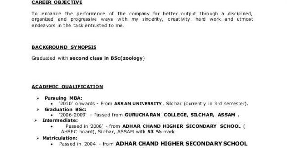 Sample Resume format for Zoology Freshers for Bsc Zoology Resume format for Freshers Resume