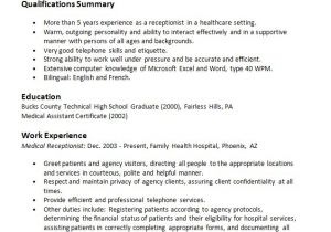 Sample Resume Objectives for Medical Receptionist Sample Resume Medical Receptionist Free Resume Sample