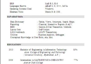 Sap Resume Samples for Freshers Resume Sample Sap Abap Fresher Resume formats