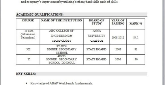 Sap Resume Samples for Freshers Sample Sap Abap Fresher Cv format