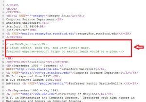 Student Resume In HTML Code Sergey Brin Masks Career Objective Using HTML Code In His