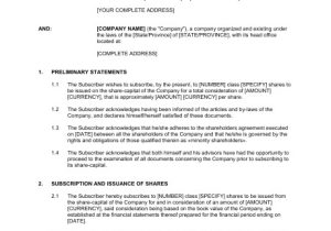 Subscription Contract Template Agreement for the Subscription Of Shares Template