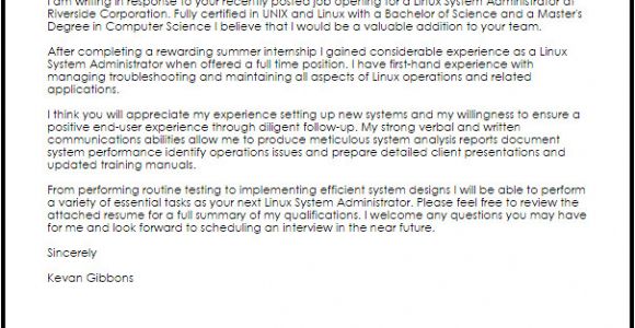 Sysadmin Cover Letter Linux System Administrator Cover Letter Sample Cover