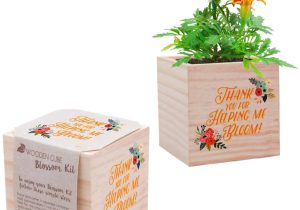 Teacher Appreciation Gift Card Flower Pot Desk Accessory for the Office Marigold Plant Seed Packet Peat Pellet Wooden Cube Planter with Thank You for Helping Me Bloom Design Employee