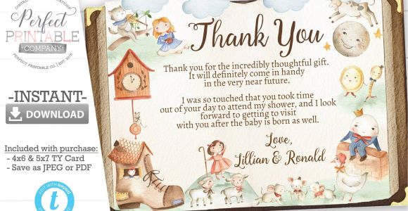 Thank You Card Birthday Template Nursery Rhyme Baby Shower Thank You Card Mother Goose Thank