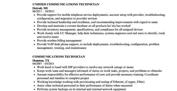 Unified Communications Engineer Resume Communications Technician Resume Samples Velvet Jobs