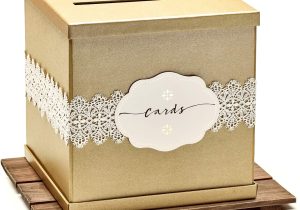 Unique Card Boxes for Graduation Hayley Cherie Gold Gift Card Box with White Lace and Cards Label Gold Textured Finish Large Size 10 X 10 Perfect for Weddings Baby Showers