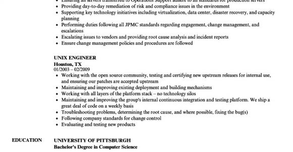 Unix Engineer Resume Unix Engineer Resume Samples Velvet Jobs