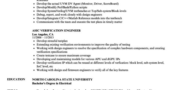 Verification Engineer Resume asic Verification Engineer Resume Samples Velvet Jobs