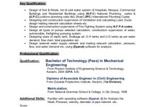 Water Supply Engineer Resume Cv for the Post Of Mechanical Engineer