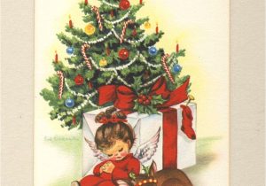 What Was On the First Christmas Card Eve Rockwell Little Angel Deer Tree Vintage Christmas Card