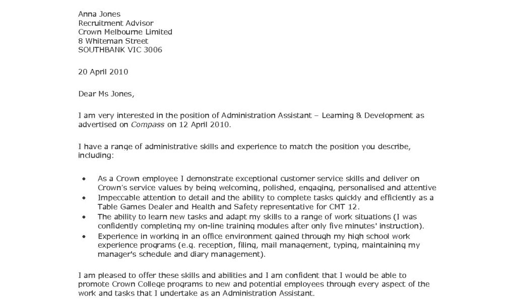 cover letter for work experience